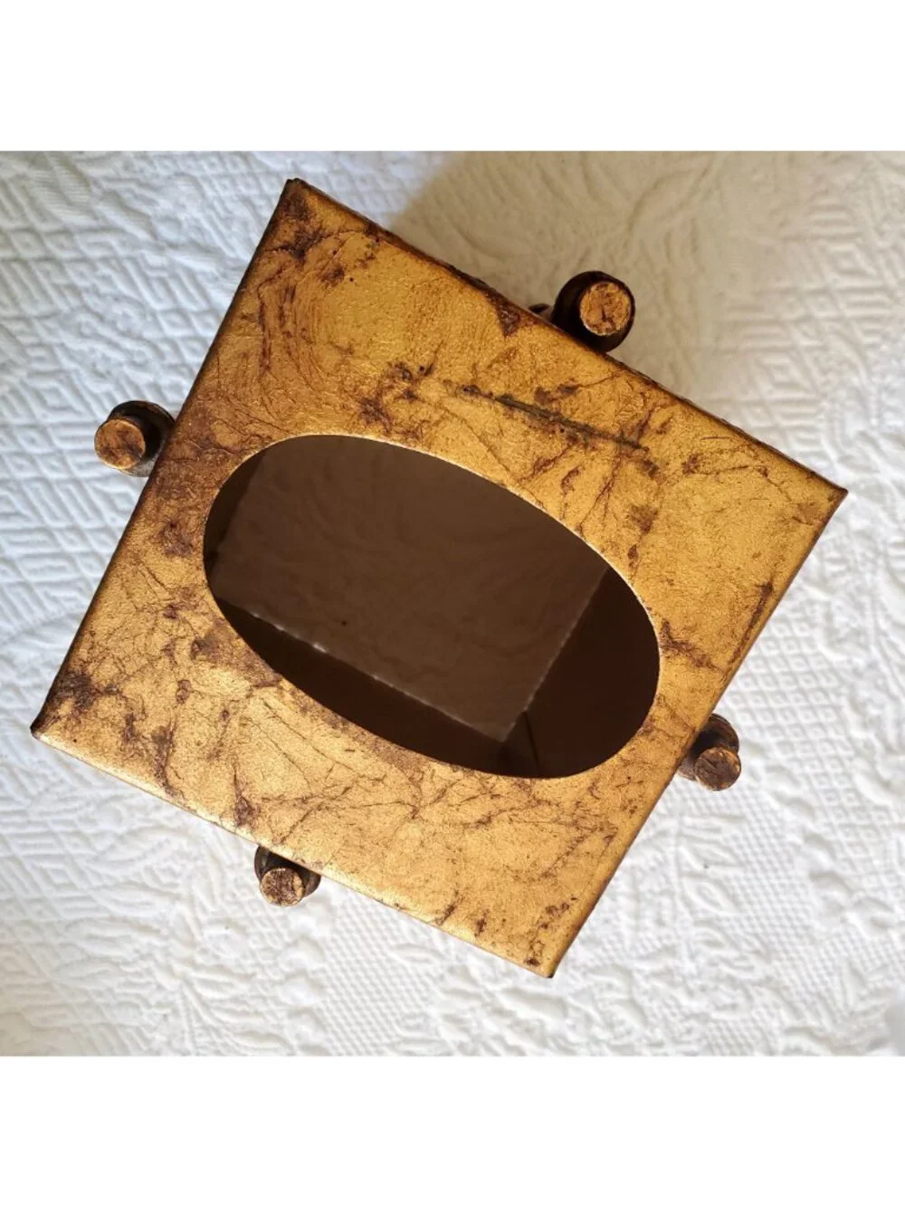 Vtg Tissue Box Cover MCM Brutalist Antique Gold Hollywood Regency Bath Vanity
